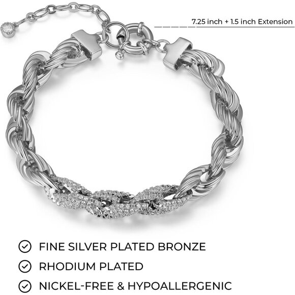 Rhodium Plated Fine Silver Cubic Zirconia Women's Rope Chain Bracelet, 10mm, 7.2 - Picture 3 of 6